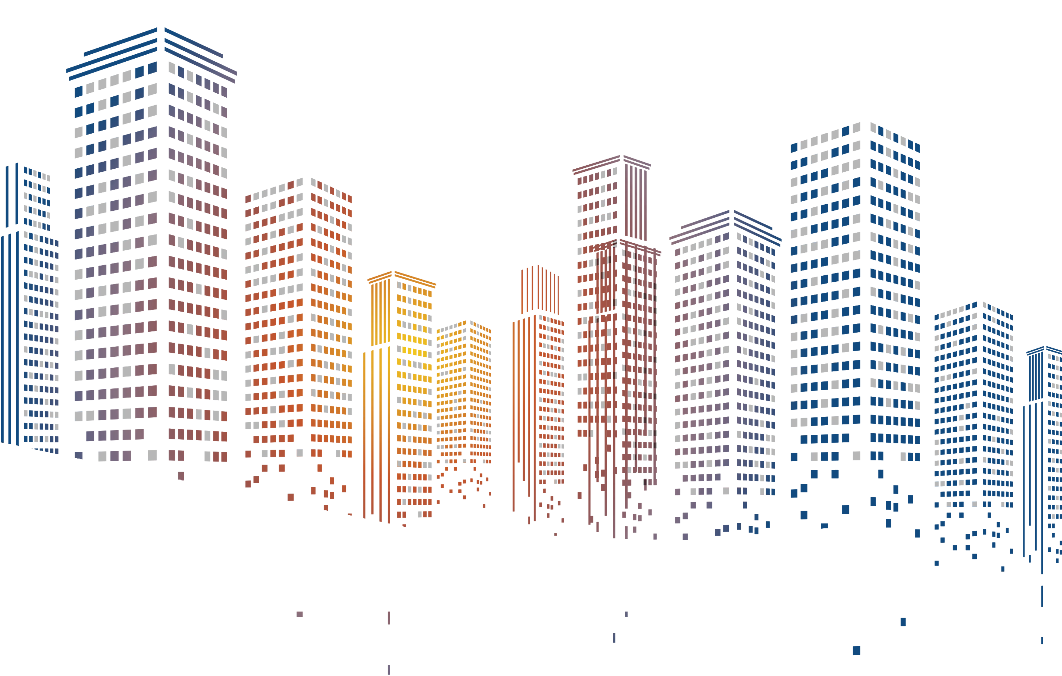 Geometric squares particles pixelated city building, blue and orange high-rise building illustration, watercolor Painting, angle, building png